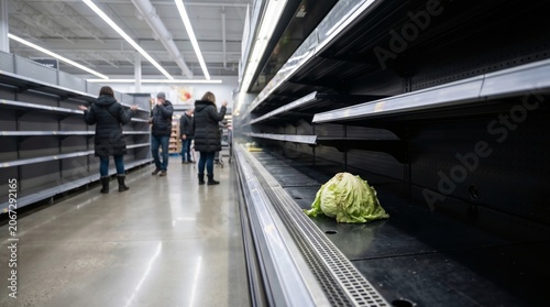 Interior of a grocery store with empty shelves and lone lettuce during economic crisis
