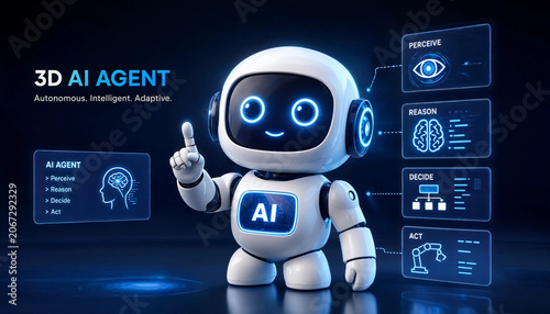 3D AI Agent wallpaper with an intelligent smiling Robot Illustration on dark elegant dark blue background