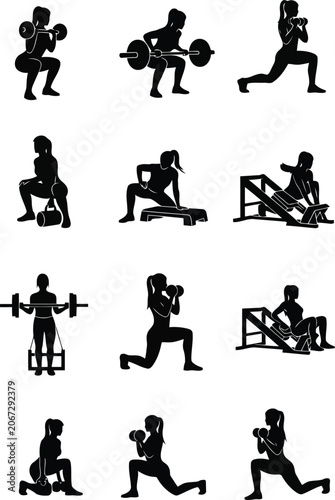Fitness exercise silhouette set with man training in various gym workout poses on white background