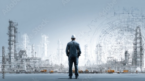 Engineer contemplating industrial blueprint and future construction projects