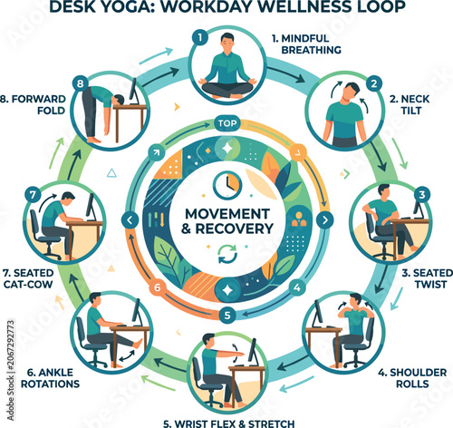 Fotografija Desk yoga and workday wellness loop infographic vector illustration showing offi