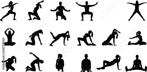 Set of black fitness and yoga silhouette poses isolated on white background for workout design