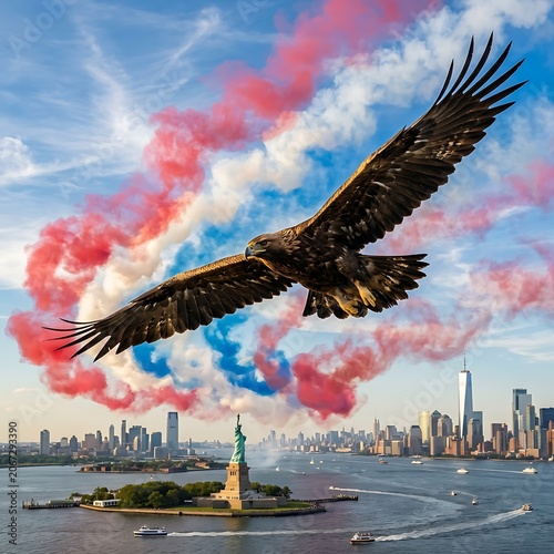 Bald eagle flying over New York harbor with patriotic smoke.