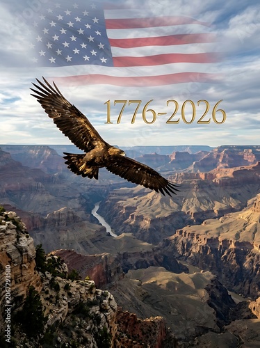 Bald eagle over Grand Canyon with patriotic text.