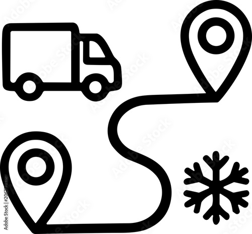 Quadro su tela Delivery truck route with map pins and snowflake icon, logistics and cold chain concept
