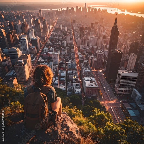 A lone figure sits on a rocky outcrop overlooking a vast cityscape