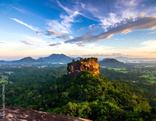 A majestic rock formation surrounded by lush greenery
