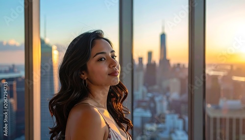 Woman looking out city window sunset.