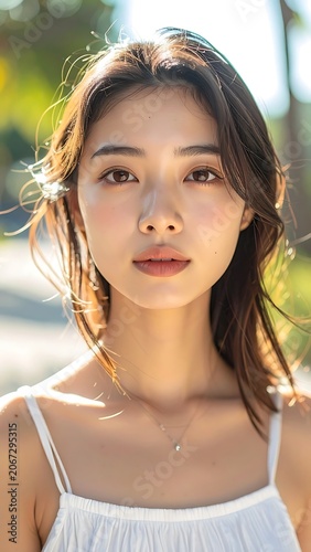 Young Asian woman in white summer dress.