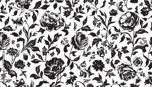 Vintage black and white floral seamless pattern sketchy botanical vector