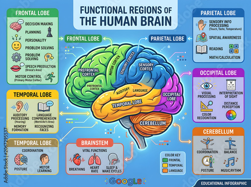 Human brain functional regions educational infographic isolated on white background