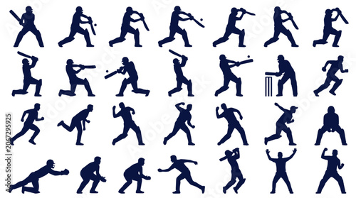 Foto 26 cricket player silhouette poses showing complete gameplay actions including batting, bowling, fielding, wicketkeeping, running, and celebration