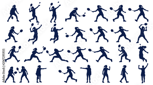 Obraz na plátne 26 badminton player silhouette poses showing complete gameplay actions including serving, smashing, clearing, net play, defensive moves, and celebration