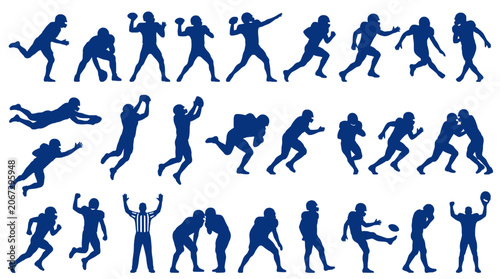 Photos 26 American football player silhouette poses showing complete gridiron actions including passing, running, tackling, catching, blocking, kicking, and celebration