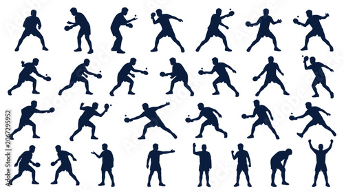 Foto 26 table tennis player silhouette poses showing complete gameplay actions including serving, rallying, blocking, smashing, spinning, and celebration