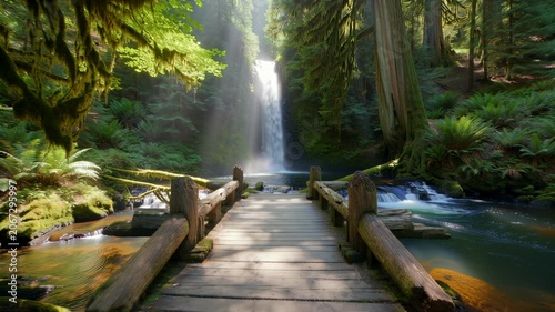 Wooden footbridge in lush forest with cascading waterfall and sun rays. Seamless looping 4k video background