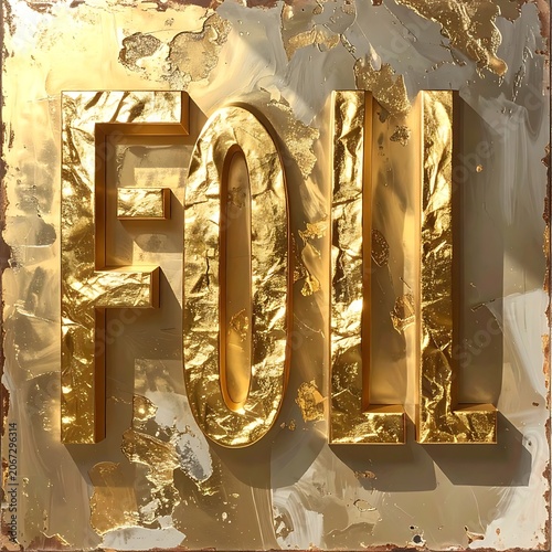 A shiny gold foil texture background with raised 3D letters