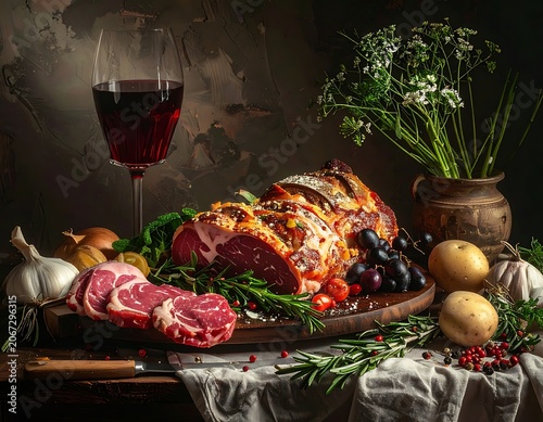 A still life of roasted meat with wine and herbs on a table