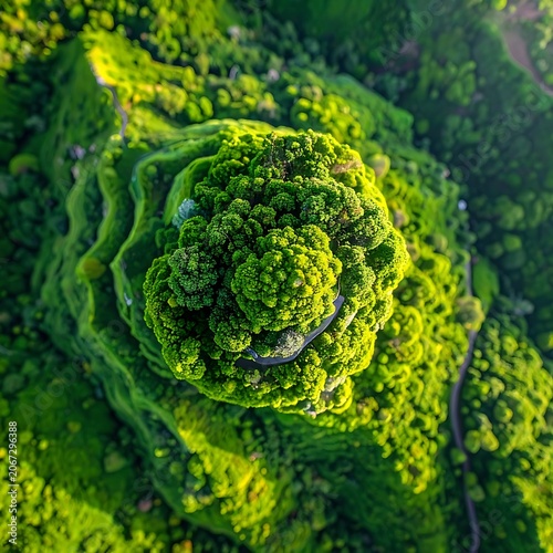 Aerial view of lush green forest with winding paths