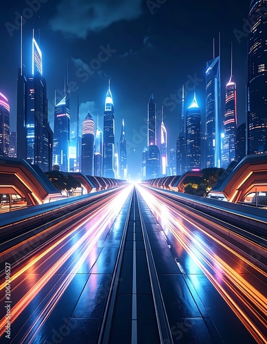Futuristic cityscape with sleek skyscrapers and vibrant neon lights at night