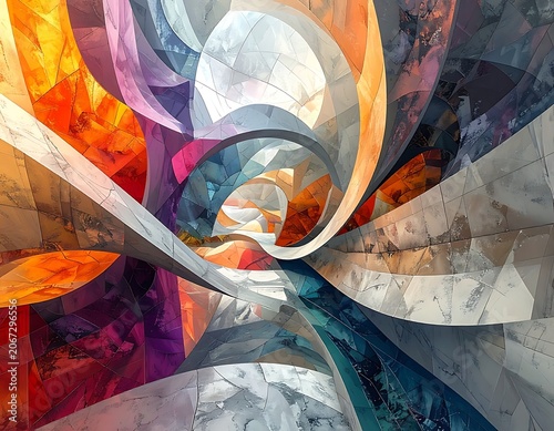 A vibrant abstract artwork featuring layered, swirling shapes