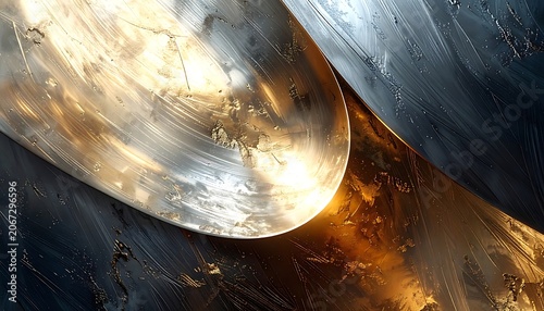 A vibrant abstract artwork with swirling gold, silver, and black hues