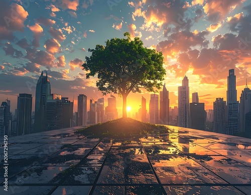 A tree on a rooftop overlooking a city at sunset