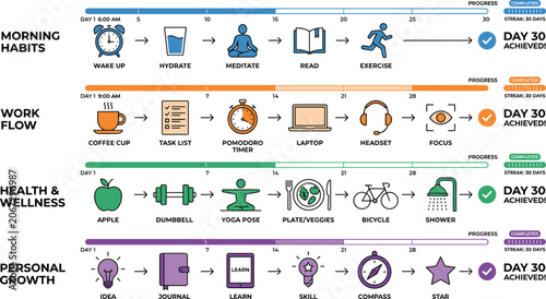 Life routine habit tracker infographic diagram displaying personal growth productivity work flow and daily wellness schedule presentation template
