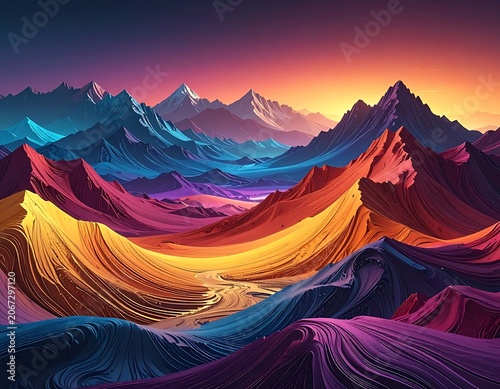 A vibrant, multicolored mountain range at sunset