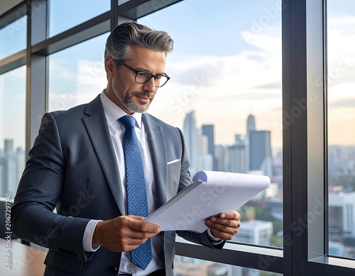 Businessman looking at documents in office.