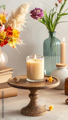 Candle on wooden stand with flowers.