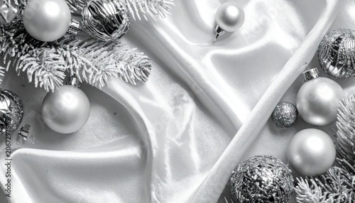 Elegant Silver Christmas Ornaments Arranged on Shiny Satin Fabric with Frosted Evergreen Branches