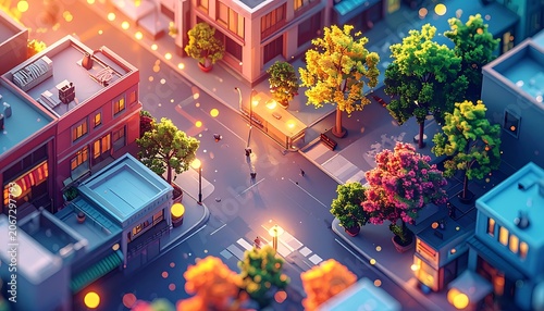 A vibrant, isometric city street at dusk with colorful buildings