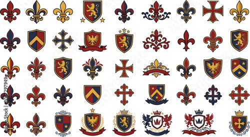 Cuadro en lienzo Medieval Heraldic Symbols Collection Featuring Fleur de Lis Shields Crosses Roya