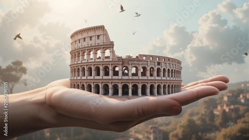 Human hand holding a miniature Colosseum in Rome, travel and tourism conceptual metaphor, artistic CGI.