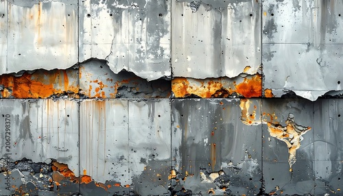A weathered, rusty metal wall with peeling paint and corrosion