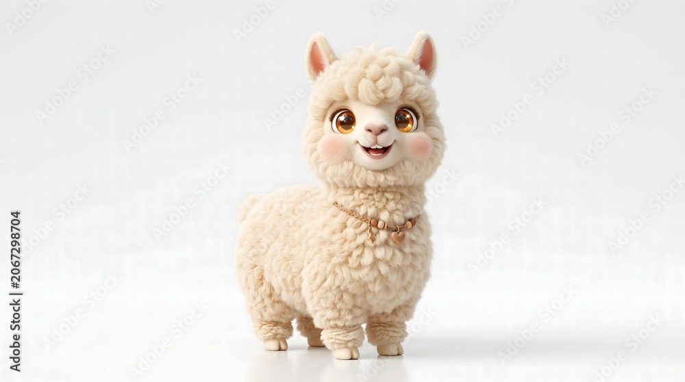 Fototapeta premium Cute 3D alpaca cartoon character standing with fluffy cream wool, sparkling eyes and happy smile isolated on white background.