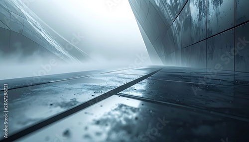 Dark wet industrial floor with fog.
