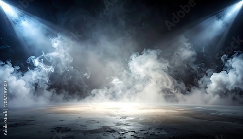 Dramatic stage with smoke and spotlight.