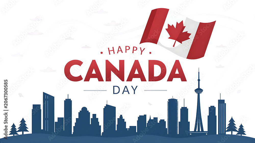 Obraz premium Happy Canada Day celebration background with Canadian flags and Toronto city skyline silhouette, vector illustration