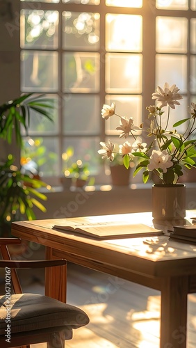 Cozy home office with flowers sunlight.