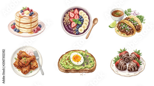 Bild auf Leinwand A vibrant watercolor illustration showcasing a delightful assortment of six popular breakfast and snack dishes, arranged in two rows