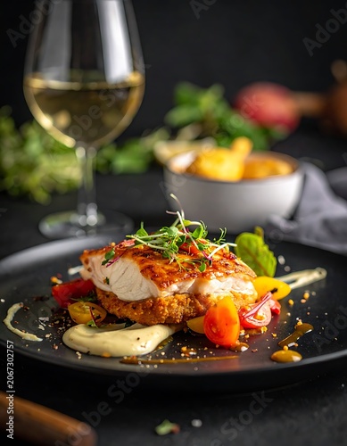 Delicious seafood dish with wine glass.