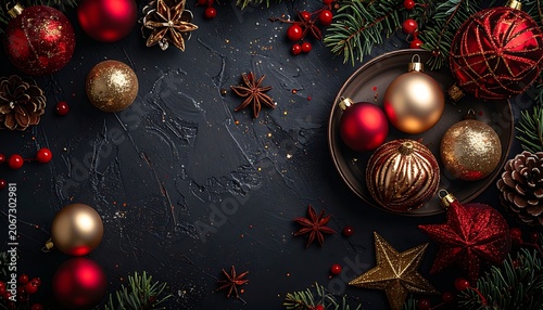 Festive holiday ornaments on dark background