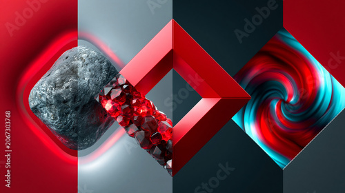 Abstrakte 3D-Komposition mit rotem Würfel, Gestein, Wirbel und geometrischen Formen