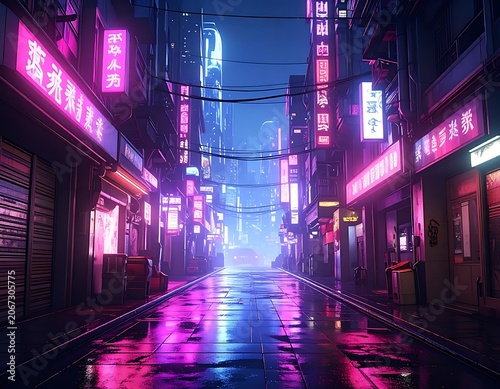 Neon-lit city street at dusk with vibrant signs