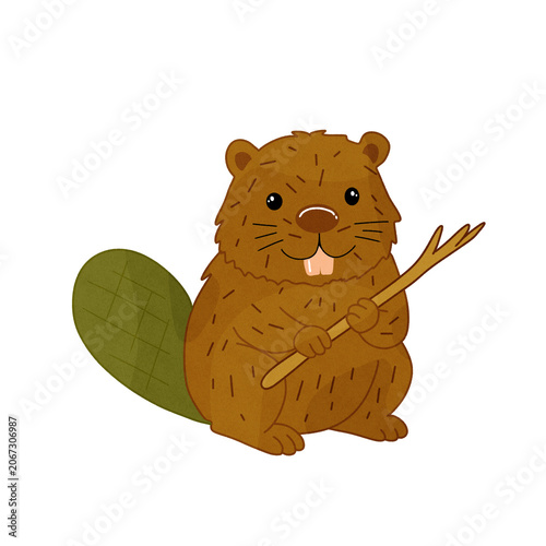 Cute beaver holding branch isolated on transparent background woodland animal illustration
