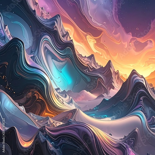 Vibrant swirling abstract landscape with colorful mountain range