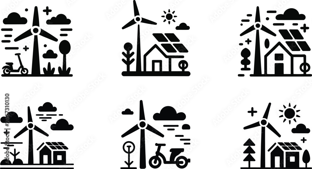 Fototapeta premium Green renewable energy icon set wind turbine solar power eco