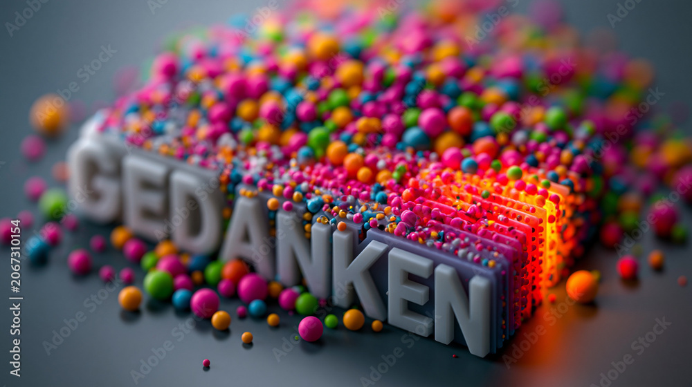 Fototapeta premium 3D-Schriftzug GEDANKEN in grau aus bunten Kugeln umgeben auf grauem Hintergrund